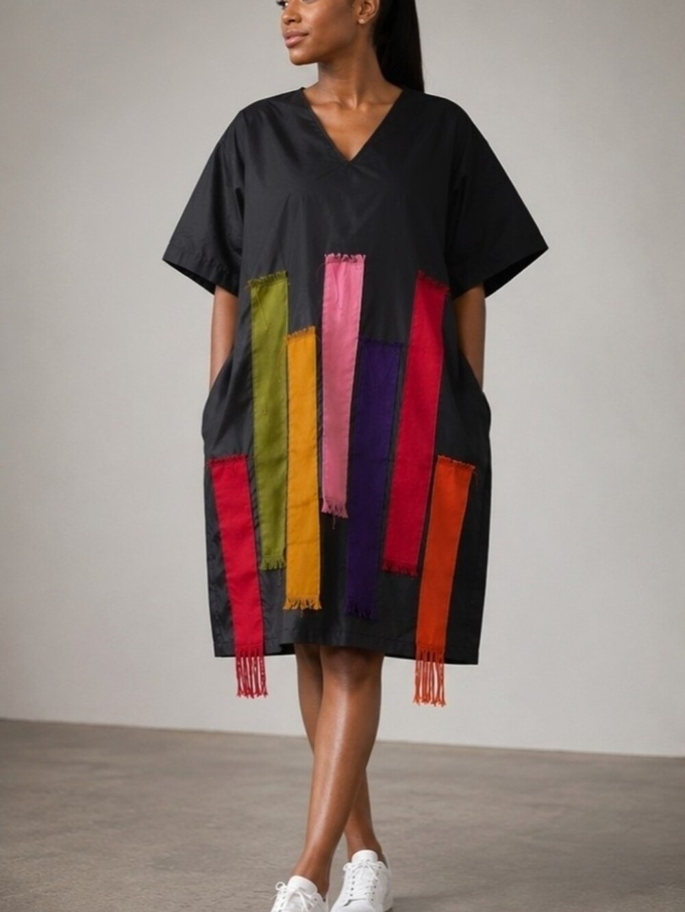 Black Tunic with Colorful Fringe Aso Oke Design